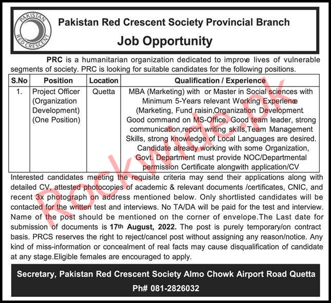 Pakistan Red Crescent Society jobs in quetta